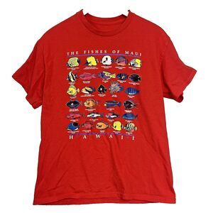 Vintage Jerzees 90s XL Red T Shirt The Fishes Of Hawaii Graphic Print Nature Tee